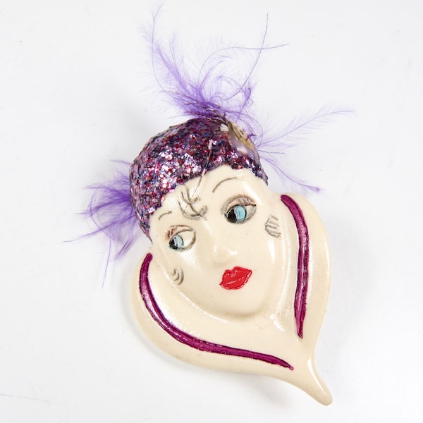 Vintage Flapper Girl Painted Wood or Resin Brooch Pin Face Woman Roaring 20s Purple Feathers