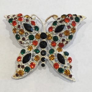 White Enamel & Multi Color Rhinestone Butterfly Insect Brooch Pin Vintage 1960s