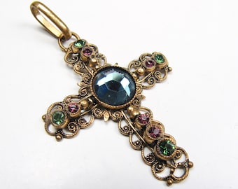 Vintage AGATHA Paris French Brass Filigree Cross Pendant Sparkling Crystals VTG