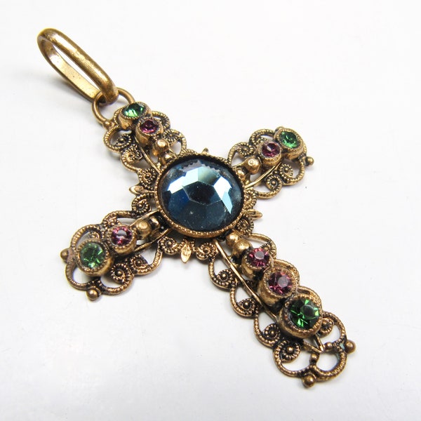 Vintage AGATHA Paris French Brass Filigree Cross Pendant Sparkling Crystals VTG