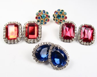 You Pick! Vintage Earrings 1980s Fancy Red Magenta Blue Glass or Multi Colorful Rhinestone Pierced Ears