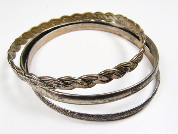 Set of 3 Vintage Mexico Sterling Silver Thin Engraved Bangle