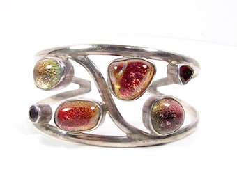 Modernist Sterling Silver Bezel Fire Opal Amethyst Garnet Cuff Bracelet Vintage