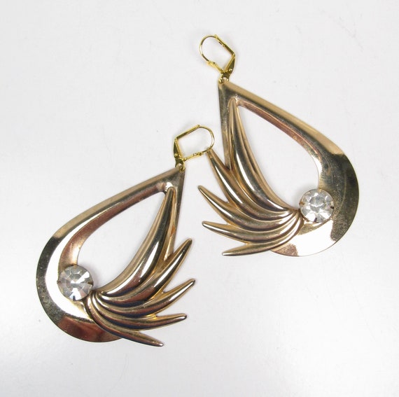 Huge Vintage Gold Tone Rhinestone Dangle Earrings… - image 6