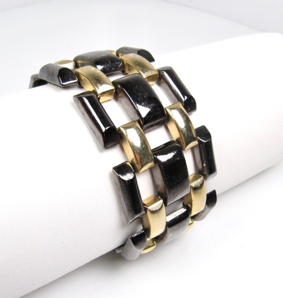 Vintage Wide Gold Tone & Black Gun Metal Panther … - image 1