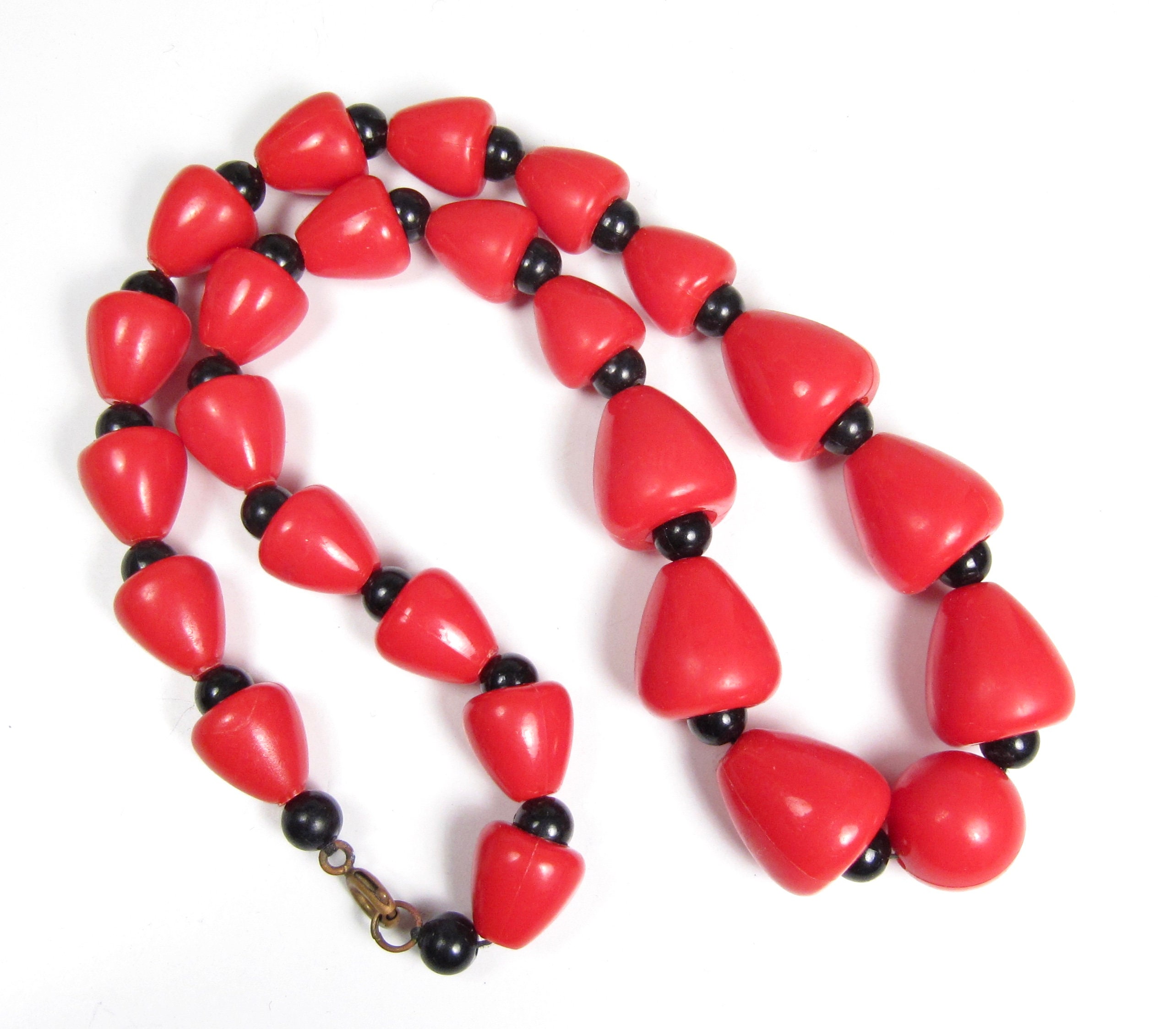 Vintage Bright Red Black Bead Strand Plastic Necklace Etsy