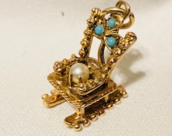 14K Yellow Gold Pearl & Turquoise Rocking Chair Charm Bracelet or Necklace 1960s