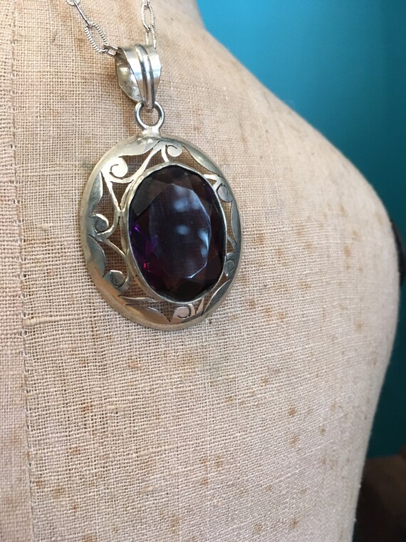 Sterling Silver Faceted Glass Purple Amethyst Sto… - image 1