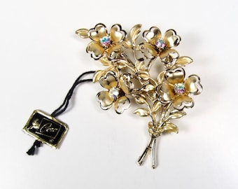 CORO Vintage AB Rhinestone Flower Bouquet Pin Brooch Gold Tone - Original Tag