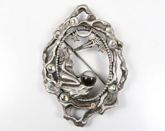 Vintage Art Nouveau JJ Jonette Celestial Lady Brooch Pin Stars Star Gazer Mystic