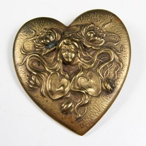 Vintage Art Nouveau Revival Lady Flowers Brass Heart Shaped Brooch Pin 1970s