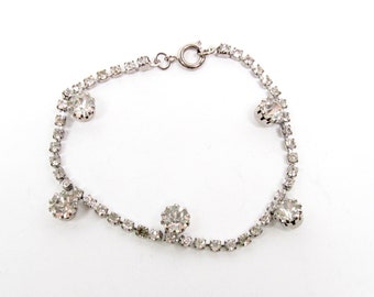 Unique Vintage Silver Tone Rhinestone Costume Bracelet Single Row w Accents 7"