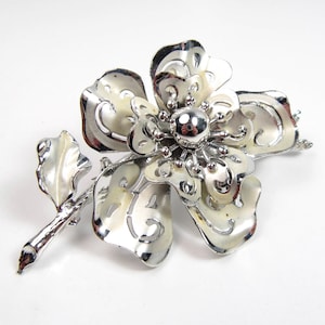 Vintage Shiny & Matte Silver Designer CORO Flower Branch Leaf Brooch Pin Signed