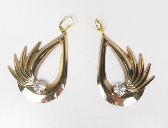 Huge Vintage Gold Tone Rhinestone Dangle Earrings… - image 1