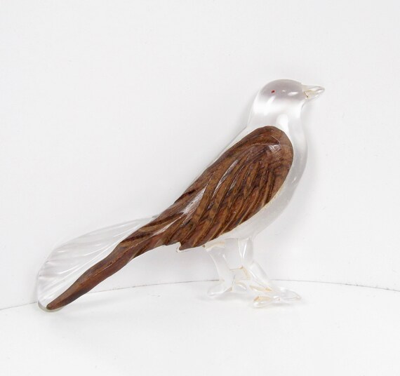 Vintage Carved Lucite & Walnut Wood Wing Bird Pin