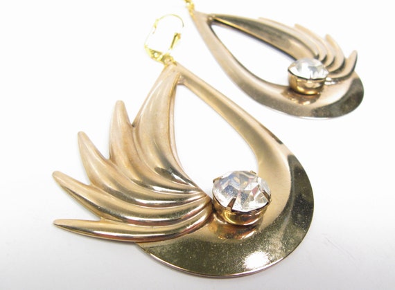 Huge Vintage Gold Tone Rhinestone Dangle Earrings… - image 3