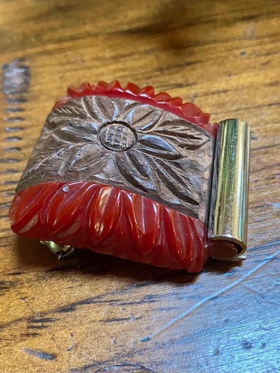 Vintage Carved Red Bakelite & Wood Flower w Chrom… - image 4