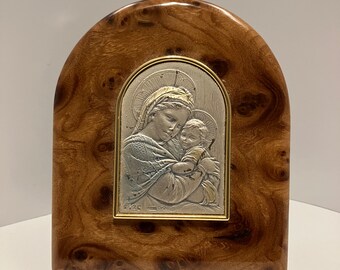 Salerni Sterling Mother & Child Plaque Burled Wood Frame Vintage Religious