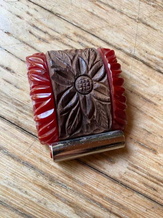 Vintage Carved Red Bakelite & Wood Flower w Chrom… - image 2