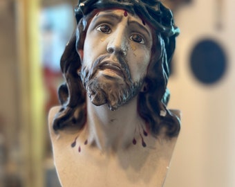 Vintage Crying Jesus Bust Statue St. Cristo De Limpias on Pedestal Chalkware Crown of Thorns Religious