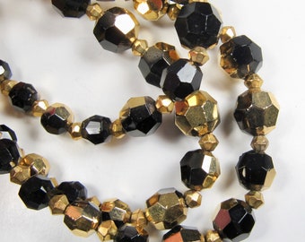 Vintage Deauville Gold Black Triple Strand Bead Necklace Faceted Iridescent VTG