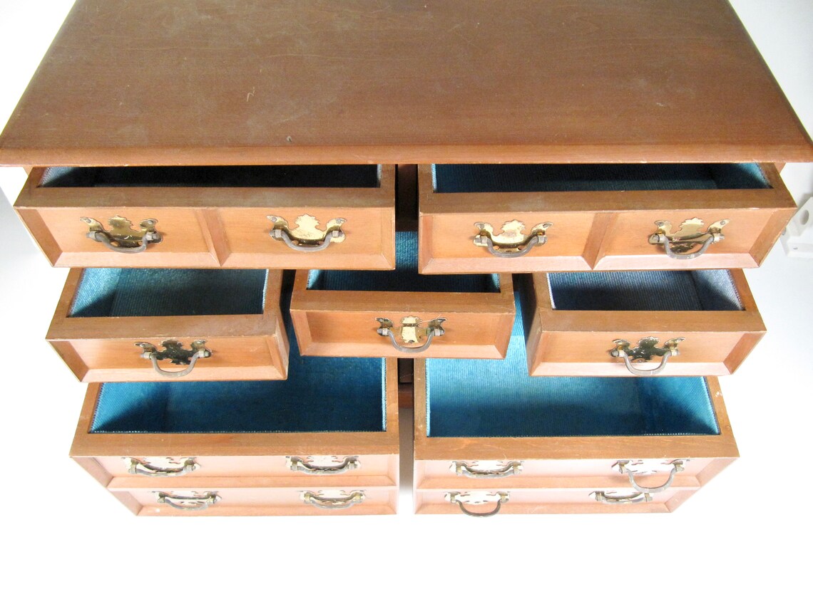 Vintage Wood Jewelry Dresser Box 7 Drawers Blue Velvet Lined Etsy