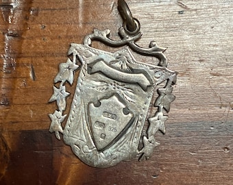 Antique Sterling Silver Fob Engraved Shield Medal Tag Pendant Crest Vintage B&W