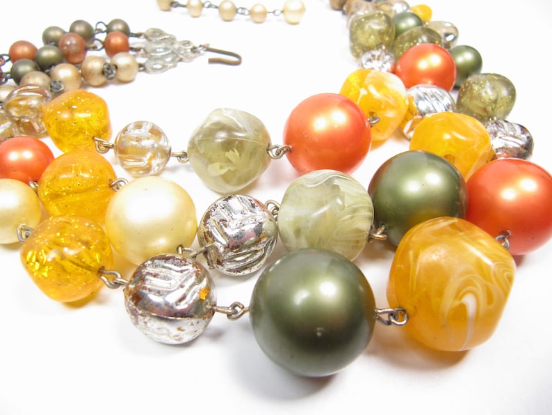 1960s Chunky Multi Strand Necklace Orange Green Silver Beads Vintage Lucite Vtg