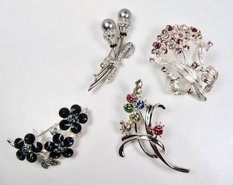 4 pc Lot Austrian Crystal Sparkling Brooch Pin Lot Vintage Floral Flower Bouquet