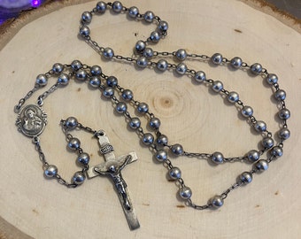 Art Deco All Sterling Silver Bead Rosary Vintage Religious 1930s 16"