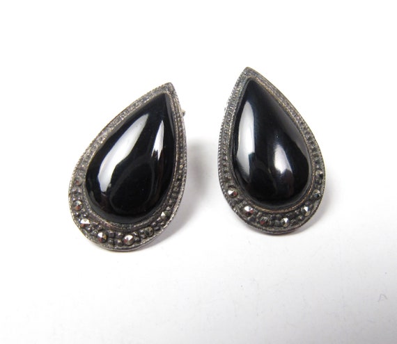 Teardrop Shaped Black Onyx & Marcasite 925 Sterling Silver