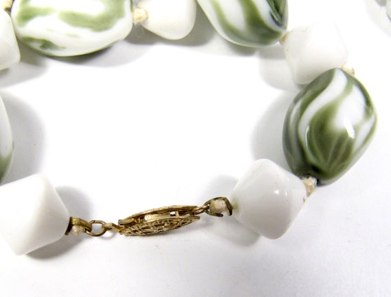 Milk Glass & Green White Bead Gold Filled Clasp N… - image 5