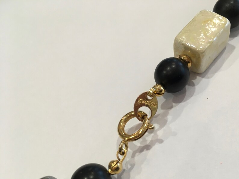 Vintage Komatsu Japan Rectangle Iridescent Grey Black Glass Bead Necklace 18