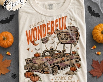 Vintage Halloween Sweatshirt 90s Haunted Bookstore Shirt Trendy Bookish Halloween Crewneck Dancing Skeleton Spooky Wonderful Time