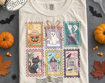 Vintage Halloween Cute Ghost Pumpkin Cat Comfort Colors Shirt, Cute Ghost Shirt, Retro Ghost Tee, Women's Halloween Shirt, Fall Spooky Cat