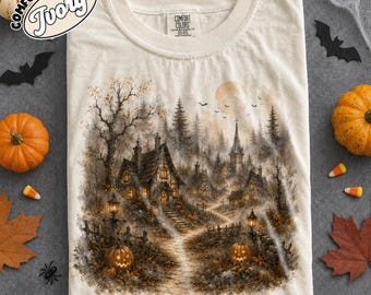Vintage Cozy Haunted Village Halloween , Vintage Pumpkin Moon Tshirt, Spooky Cottagecore, Autumn Shirt Gift, Fall Witchy Ghost Graphic Tee