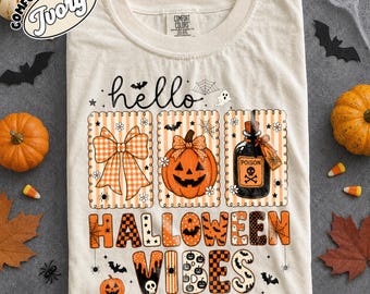 Hello Halloween Vibes Shirt, Cute Halloween Bow Tee, Pumpkin Poison Comfort Colors Tee, Spooky Season Fall Shirt, Coquette Halloween Gift