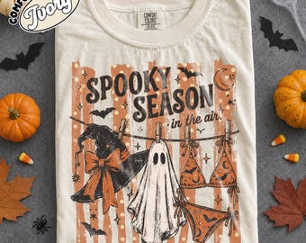 Spooky Season In The Air Shirt, Cute Halloween Ghost Tee, Witch Hat Bow Comfort Colors, Retro Fall Halloween Shirt, Cozy Spooky Gift