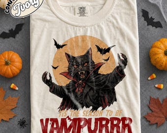 Black Cat Halloween Shirt, Vampire Cat Tee, Tis The Season To Be Vampurrr, Spooky Season Comfort Colors Tee, Cat Lover Gift, Fall Shirt
