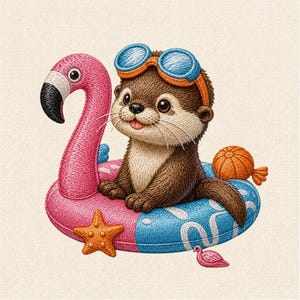 Archivo de bordado a máquina de flotador de piscina con nutria adorable, diseño de bordado de animales de verano, patrón para vacaciones en la playa