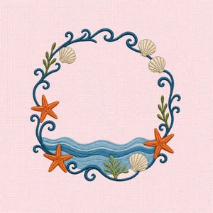 May include: An embroidery design featuring a circular frame made of dark blue swirling lines, accented with orange starfish, cream-colored seashells, and green seaweed. The bottom of the circle includes a stylized blue wave pattern on pink fabric.