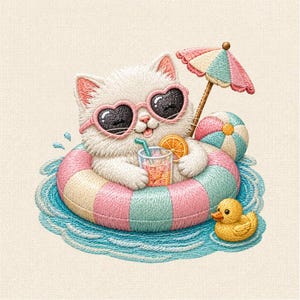 Sommarkatt broderidesignfil, söt strandkatt maskinbroderimönster, poolfloatkatt digital nedladdning