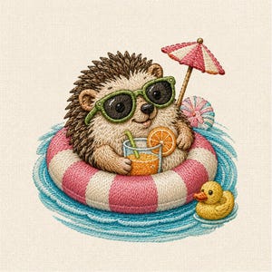 Archivo de diseño de bordado de erizo de verano, lindo patrón de bordado a máquina de erizo playero, descarga de animales tropicales