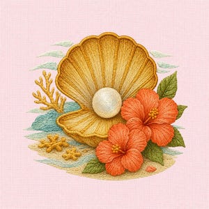 Pearl shell hibiscus machineborduurbestand, tropisch strand zeeschelp borduurontwerp, oceaan zomerpatroon