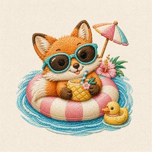 Summer Fox Embroidery Design File, Cute Beach Fox Machine Embroidery Pattern, Tropical Pool Float Animal Download