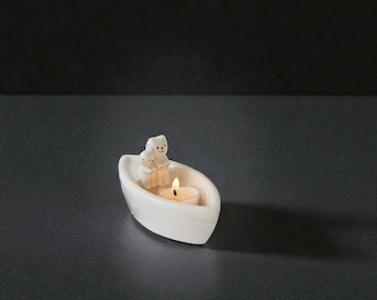 Keramik Katzen Kerzenhalter Boot Motiv mit Zwei Kätzchen | Minimalistischer Teelicht Dekor | Gemütlicher Hauptakzent | Geschenk für Katzenliebhaber