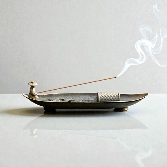 Japanese Zen Incense Holder Boat Sculpture | Fisherman Brass Stick