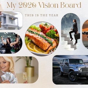 Puede incluir: Un tablero de visión con el texto "My 2026 Vision Board" y "This is the Year." El tablero incluye imágenes de una llave de casa, una mujer haciendo ejercicio, un plato de comida, una mujer subiendo escaleras, un avión despegando, una mujer con dinero y un Jeep azul.