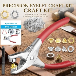 Puede incluir: Un kit de artesanía de ojales de precisión con alicates de mango rojo, varios ojales y un manual de usuario. El kit incluye ojales en oro, plata y otros acabados. El texto de la imagen dice "Precision Eyelet Craft Kit".