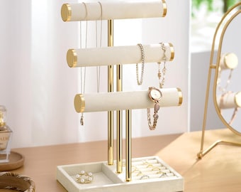 Organizador de joyas de terciopelo de 3 niveles con barra en T para collares y relojes